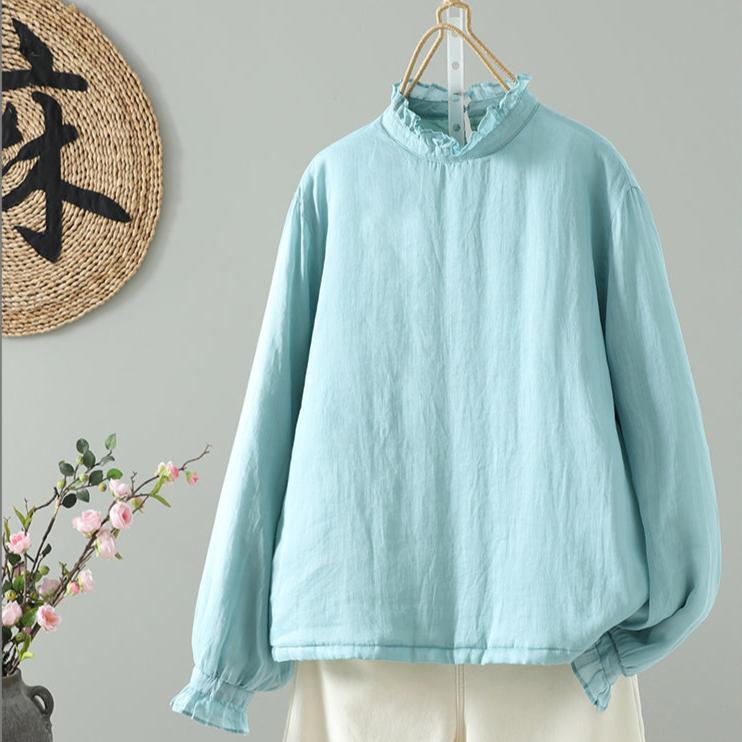 Women Winter Lightweight Cotton Linen Ruffled Hem Casual Top