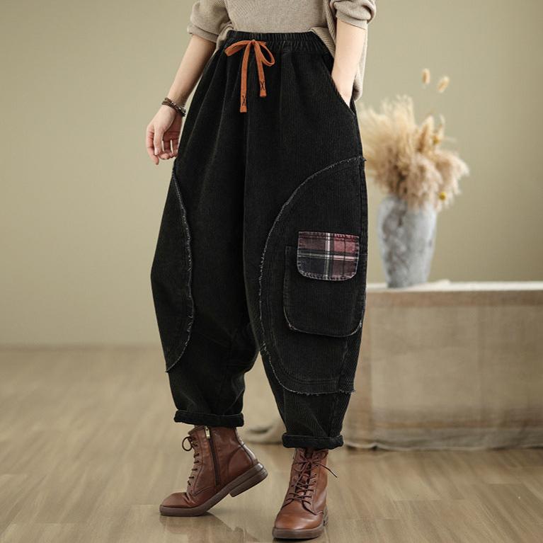 Babakud Women Winter Corduroy Fleece-Lined Casual Cropped Harem Pants