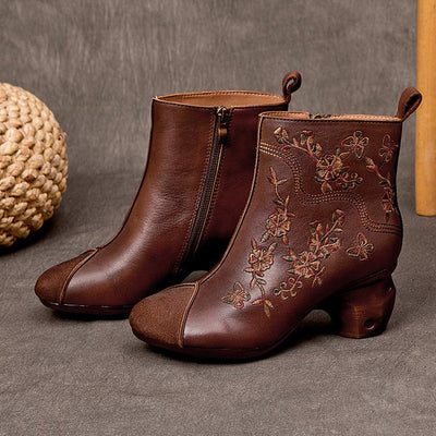 Babakud Women Autumn Leather Flower Ethnic Style Short Boots