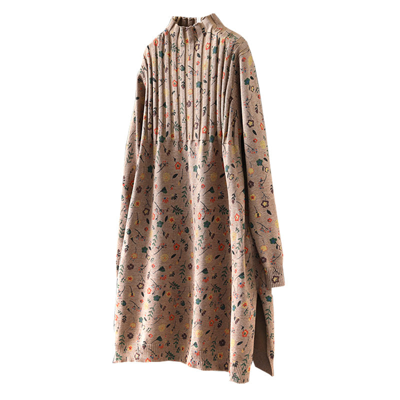 Babakud Women Autumn Retro Floral Printed Cotton Knitted Sweater Dress