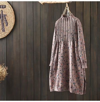 Babakud Women Autumn Retro Floral Printed Cotton Knitted Sweater Dress