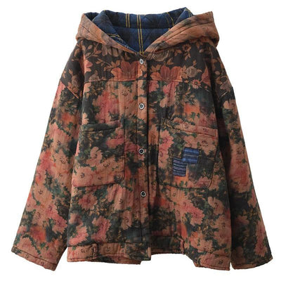 Babakud Women Winter Retro Printed Thickened Cotton Quilted Hooded Jacket