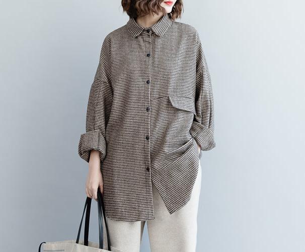 Autumn Loose Houndstooth Woolen Shirt for Women