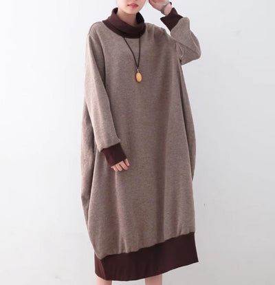 Loose Thickened Warm Turtleneck Color Block Dresses