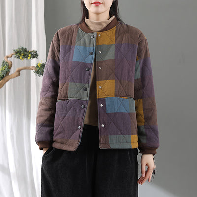 Women Retro Distressed Padded Stand Collar Warm Jacket