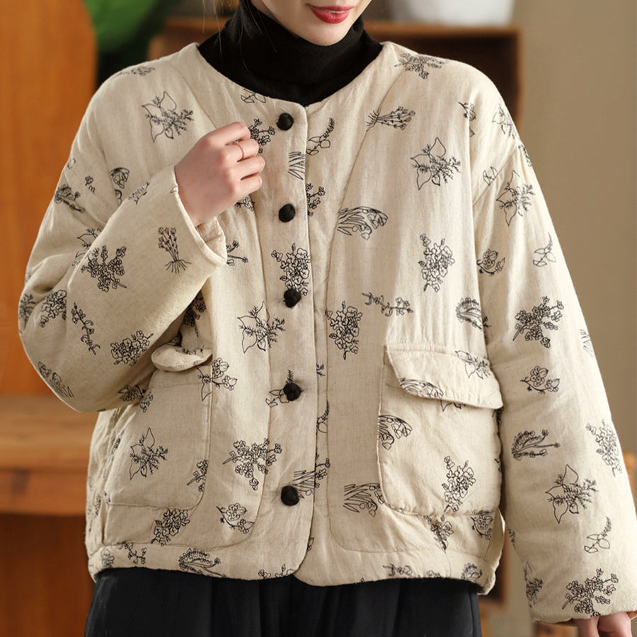 Women Winter Vintage Embroidered Washed Linen Quilted Jacket