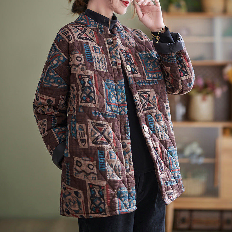 Babakud Women Winter Retro Cotton Linen Printed Warm Quilted Jacket