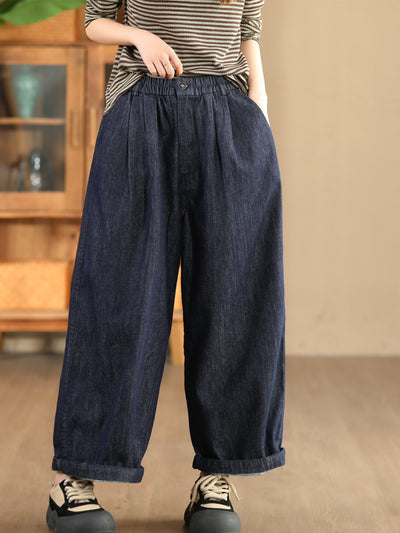 Babakud Women Autumn Cotton Linen Yarn- Dyed Denim Wide- Leg Pants