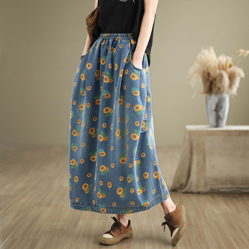 Babakud Women Autumn Loose Artistic Printed Denim Skirt