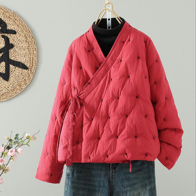 Women Winter Retro Plus Size Embroidered Down Jacket with Tie Waist