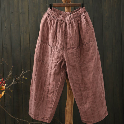 Women Winter Vintage Washed Linen Quilted Casual Pants