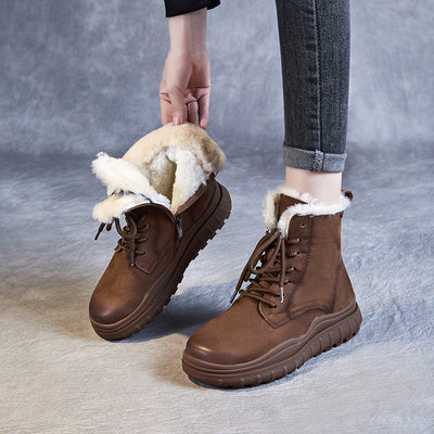 Babakud Women Winter Retro Fleece-Lined Leather Warm Casual Martin Boots