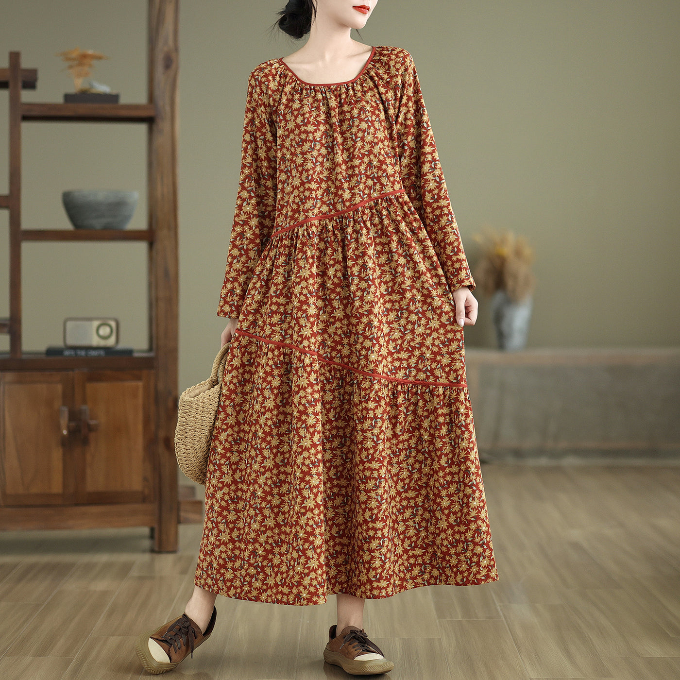 Babakud Women Autumn Retro Loose Cotton Corduroy Printed Dress