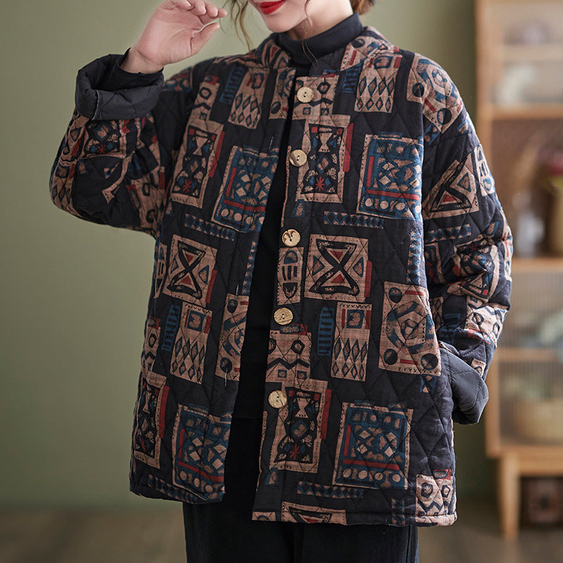 Babakud Women Winter Retro Cotton Linen Printed Warm Quilted Jacket