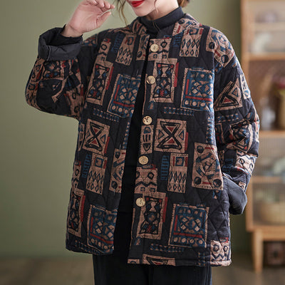 Babakud Women Winter Retro Cotton Linen Printed Warm Quilted Jacket