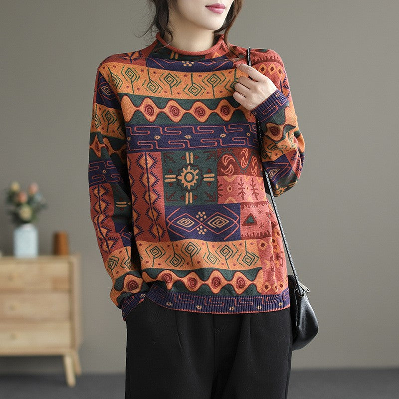 Babakud Women Autumn Printed Cotton Knit Sweater