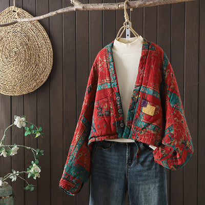 Babakud Women Winter Retro Patchwork Quilted Cotton Linen Jacket