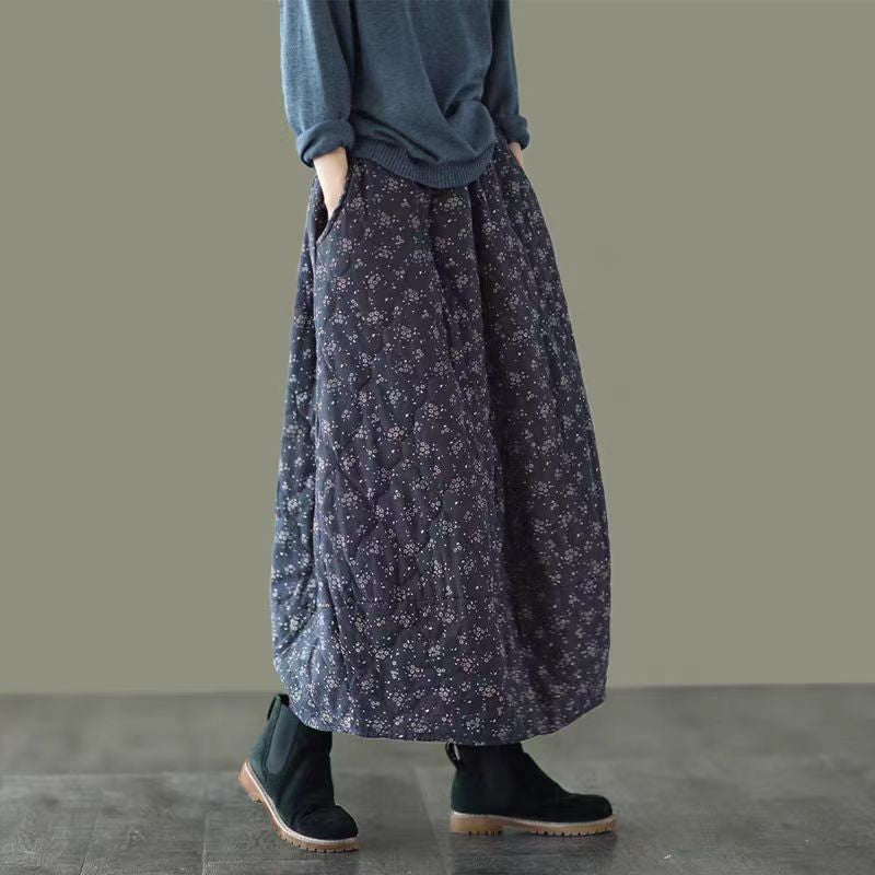 Babakud Women Winter Retro Loose Quilted Flower Bud Skirt