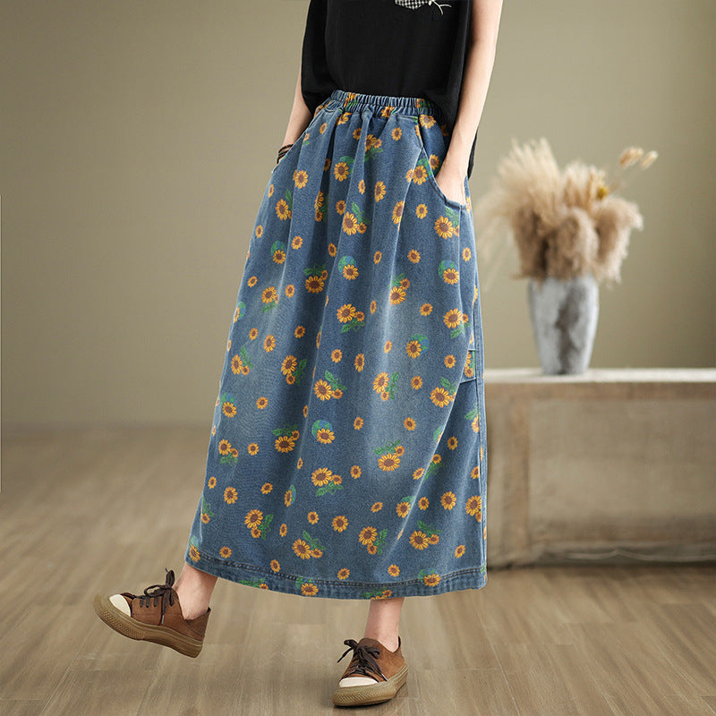 Babakud Women Autumn Loose Artistic Printed Denim Skirt