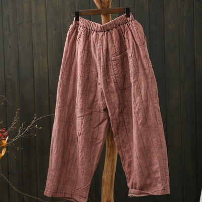 Women Winter Vintage Washed Linen Quilted Casual Pants