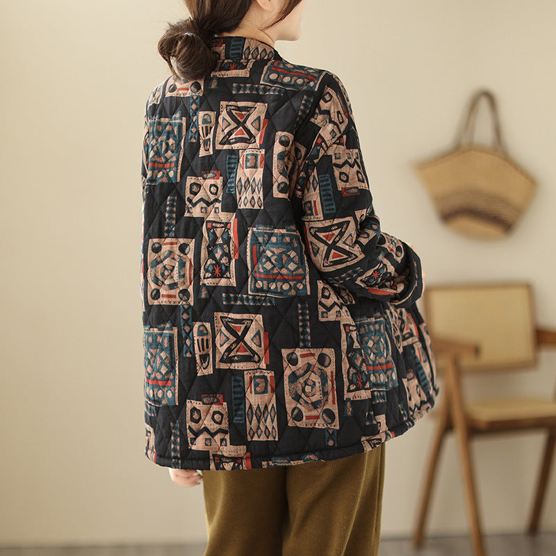 Babakud Women Winter Retro Cotton Linen Printed Warm Quilted Jacket