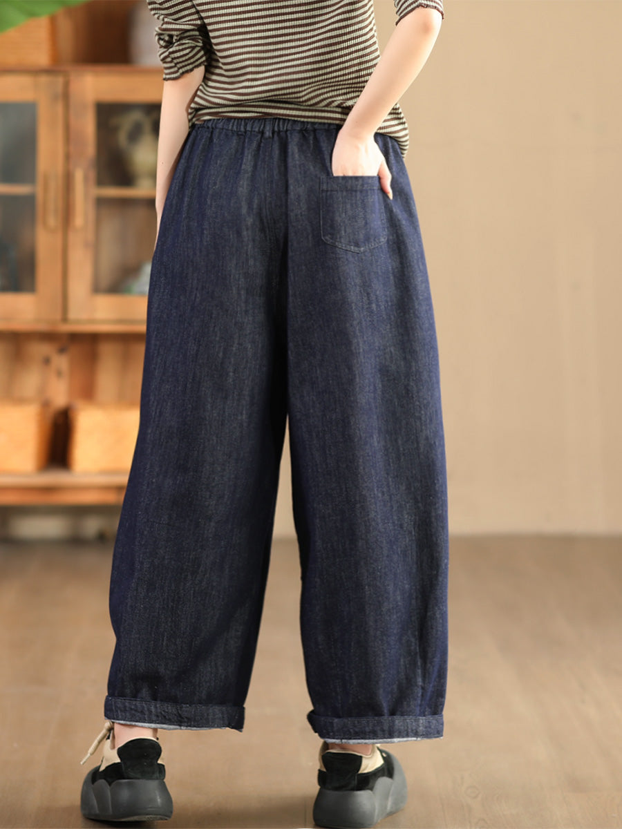 Babakud Women Autumn Cotton Linen Yarn- Dyed Denim Wide- Leg Pants