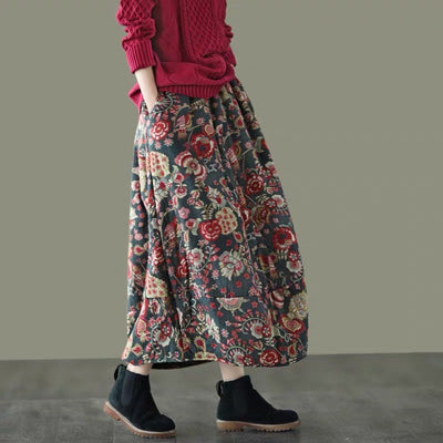 Babakud Women Winter Retro Loose Quilted Flower Bud Skirt