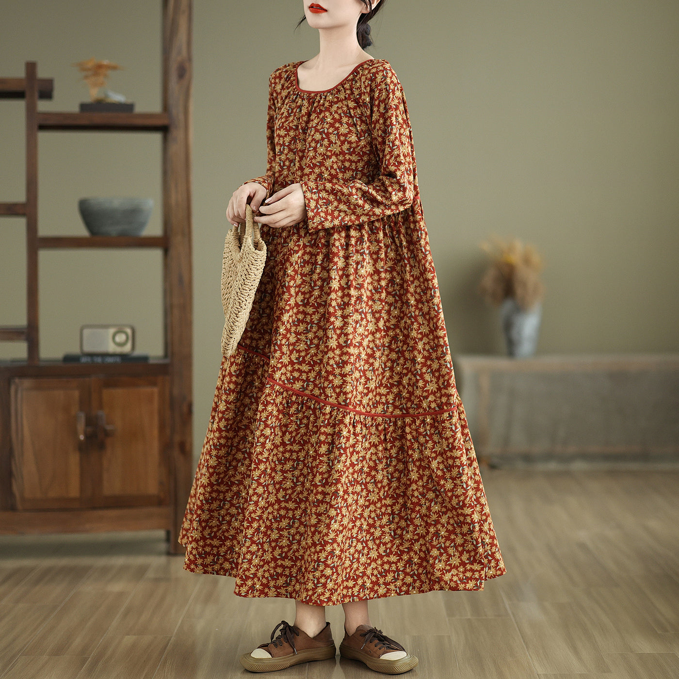 Babakud Women Autumn Retro Loose Cotton Corduroy Printed Dress