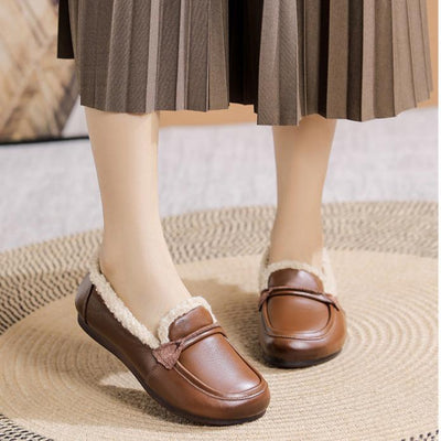 Women Winter Retro Genuine Leather Fleece-Lined Loafers