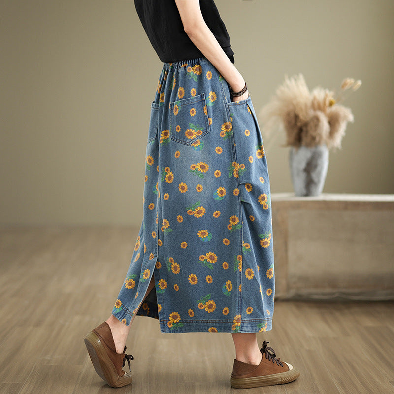 Babakud Women Autumn Loose Artistic Printed Denim Skirt