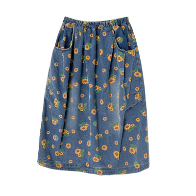 Babakud Women Autumn Loose Artistic Printed Denim Skirt