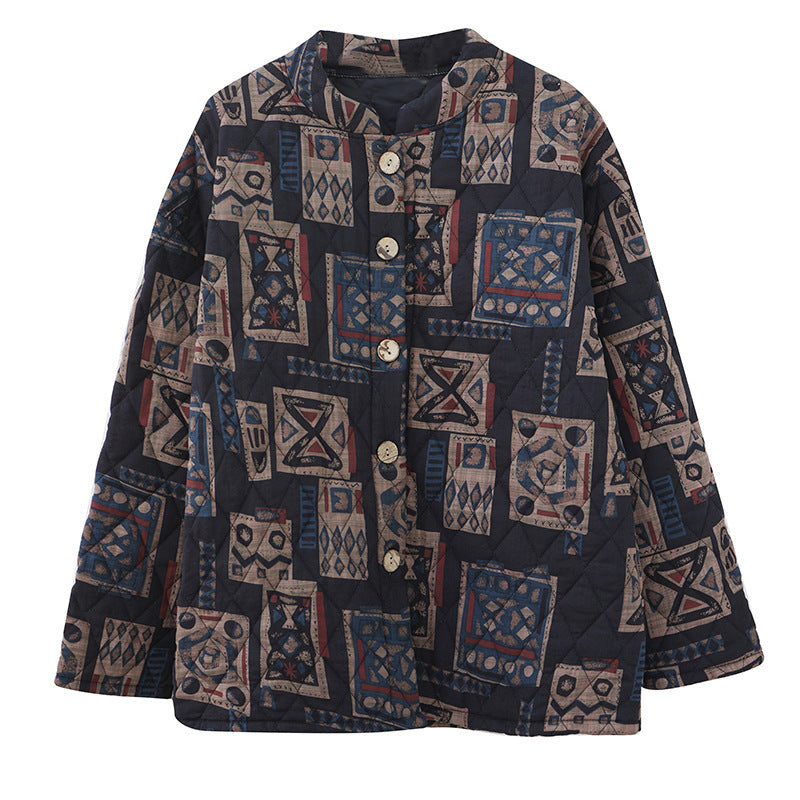 Babakud Women Winter Retro Cotton Linen Printed Warm Quilted Jacket