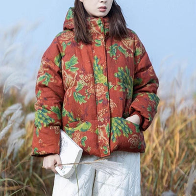 Babakud Women Winter Retro Red Linen Printed Warm Puffer Short Hooded Jacket