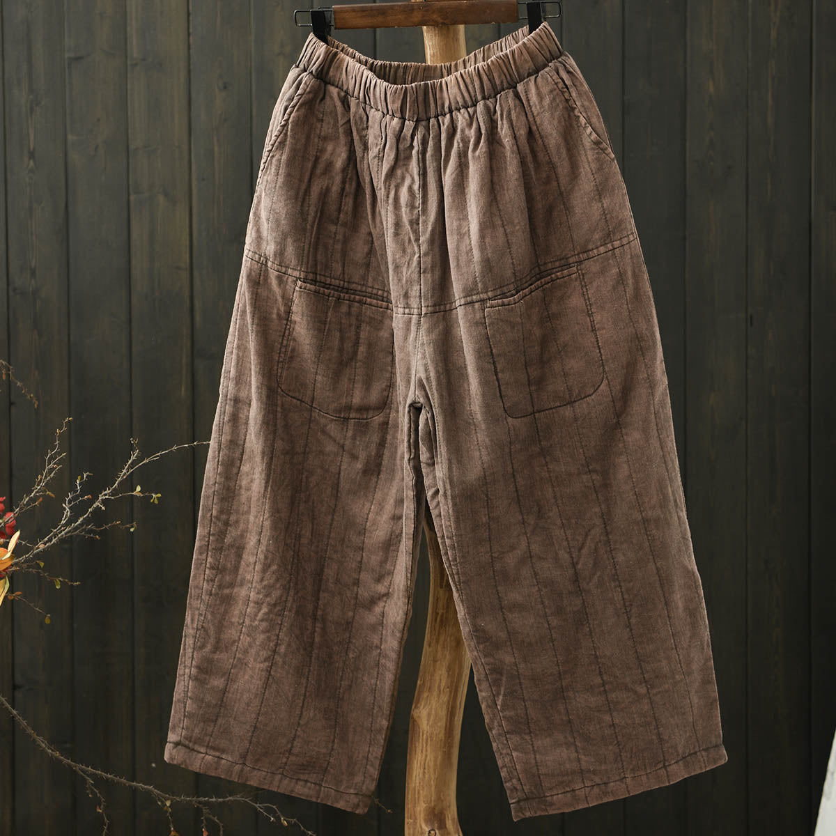 Women Winter Vintage Washed Linen Quilted Casual Pants