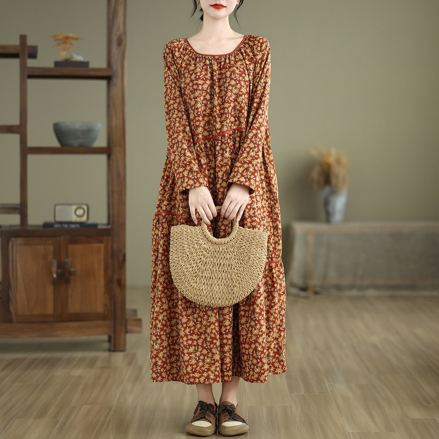 Babakud Women Autumn Retro Loose Cotton Corduroy Printed Dress