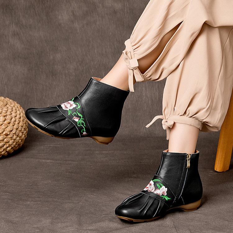 Babakud Women Autumn Flower Premium Leather Ankle Boots