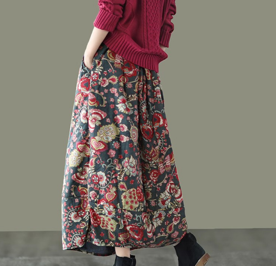 Babakud Women Winter Retro Loose Quilted Flower Bud Skirt