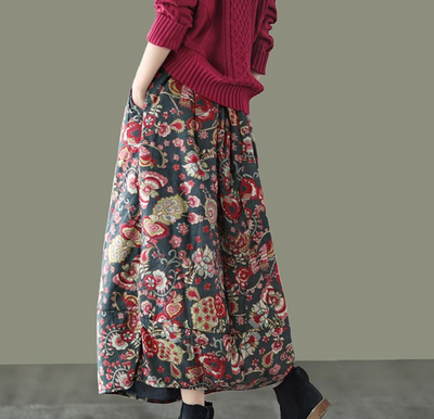 Babakud Women Winter Retro Loose Quilted Flower Bud Skirt