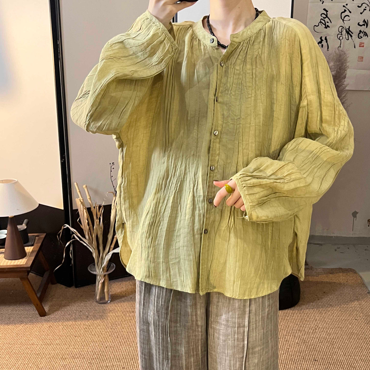 Retro Pleated Solid Color Long Sleeves Loose Ramie Shirts