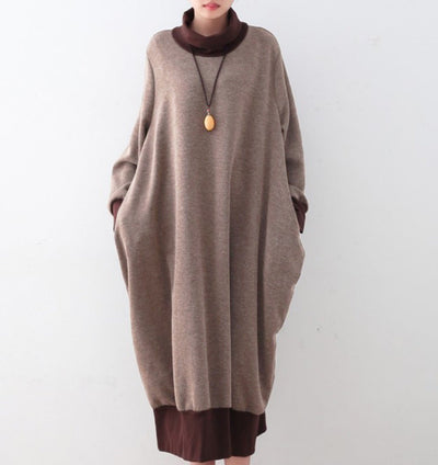 Loose Thickened Warm Turtleneck Color Block Dresses