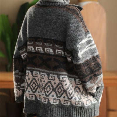 Women Winter Retro Jacquard Wool Knit Warm Cardigan