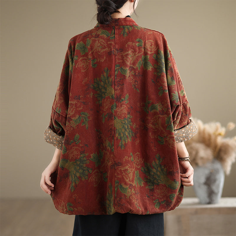 Women Warm Vintage Asymmetric Front Printed Cotton Coat