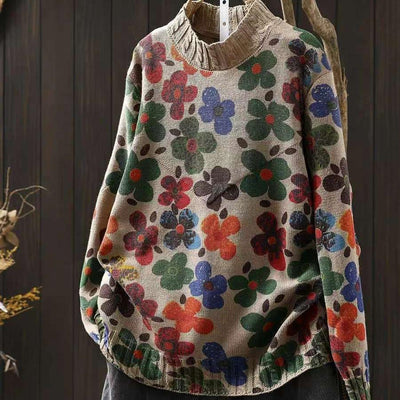 Babakud Women Autumn Artistic Flower Printed Cotton Knitted Sweater