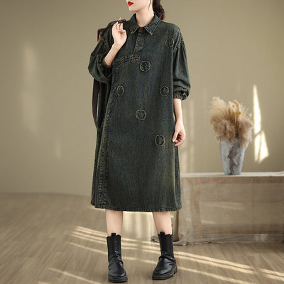 Babakud Women Autumn Retro Loose Denim A- Line Dress