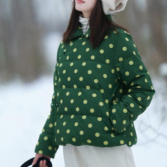 Babakud Women Winter Retro Green Corduroy Polka Dot Short Down Puffer Jacket