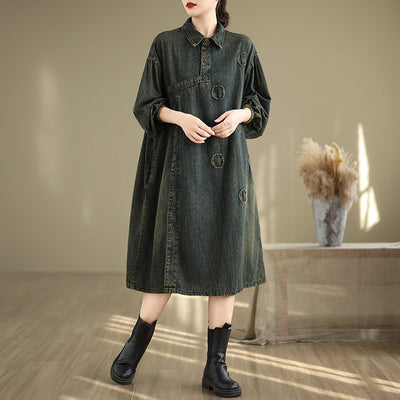 Babakud Women Autumn Retro Loose Denim A- Line Dress