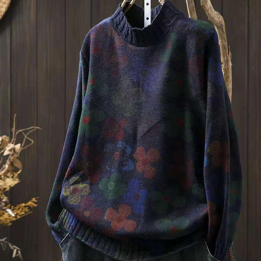 Babakud Women Autumn Artistic Flower Printed Cotton Knitted Sweater