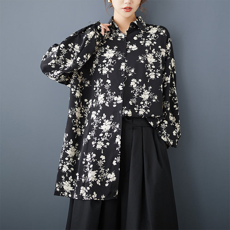 Women Spring Retro Loose-Fit Printed Floral Black Cotton Blouse