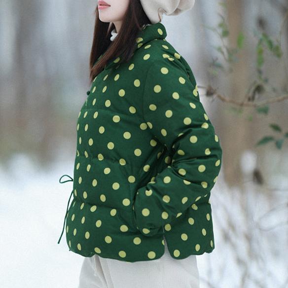 Babakud Women Winter Retro Green Corduroy Polka Dot Short Down Puffer Jacket