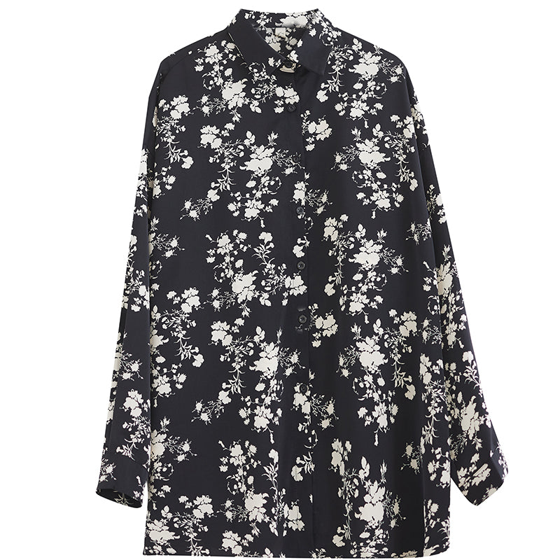 Women Spring Retro Loose-Fit Printed Floral Black Cotton Blouse